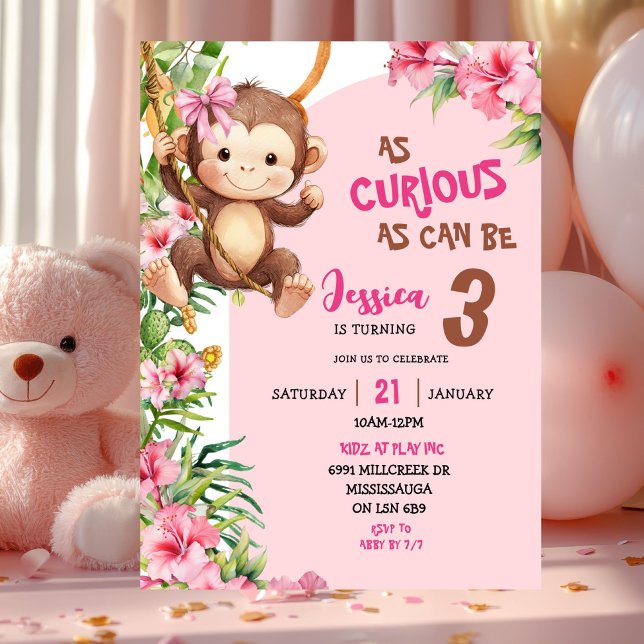 Pink Curious Monkey Savannah Theme Birthday Invitation (Creator Uploaded)