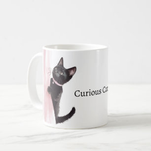 Pink Curtain Curious Cat Coffee Mug