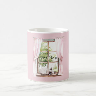 Pink Curtains Cat Nap Window Coffee Mug