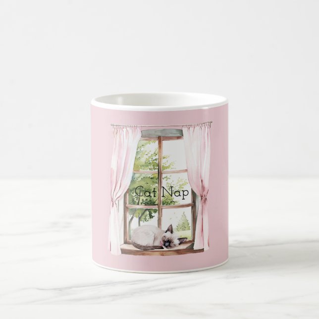 Pink Curtains Cat Nap Window Coffee Mug (Center)