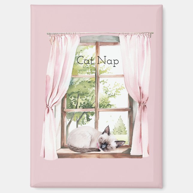 Pink Curtains Cat Nap Window Magnet (Front)