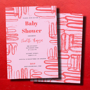 Pink Curve Wavy Squiggle Abstract Baby Shower Invitation