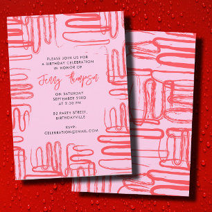 Pink Curve Wavy Squiggle Abstract Birthday Party Invitation