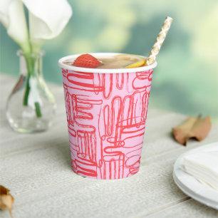 Pink Curve Wavy Squiggle Abstract Modern Paper Cups