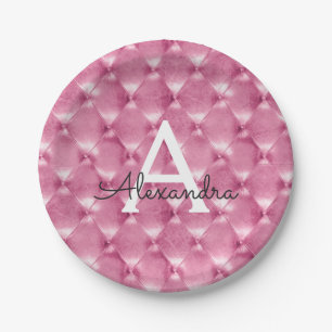 Pink Cushion Monogram Name and Initial Paper Plate