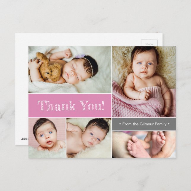 Pink Custom Baby birth announcement Thank You Postcard (Front/Back)