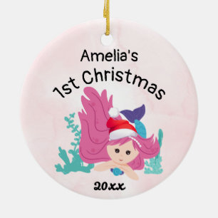 Pink Custom baby first christmas mermaid 2021 Ceramic Tree Decoration