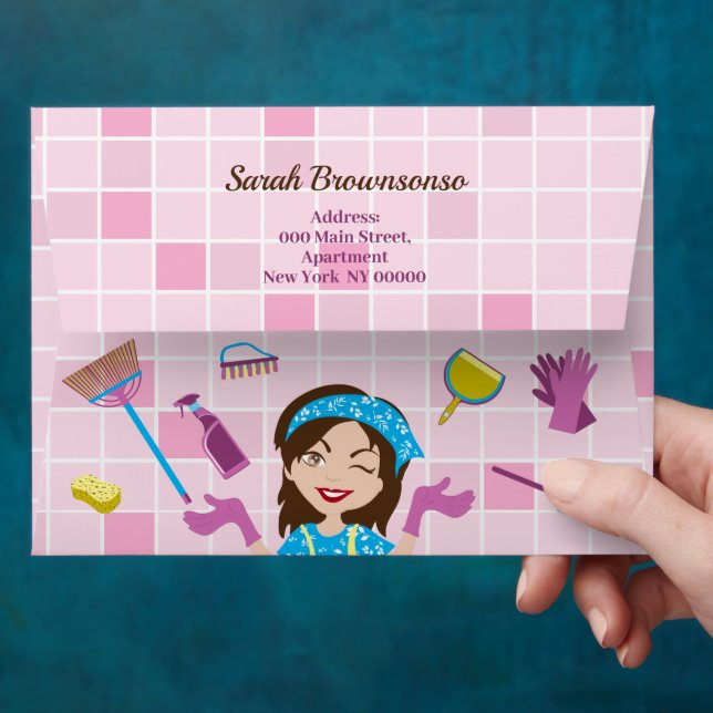 Pink Custom Haired Lady Cleaning Envelope (Hand)