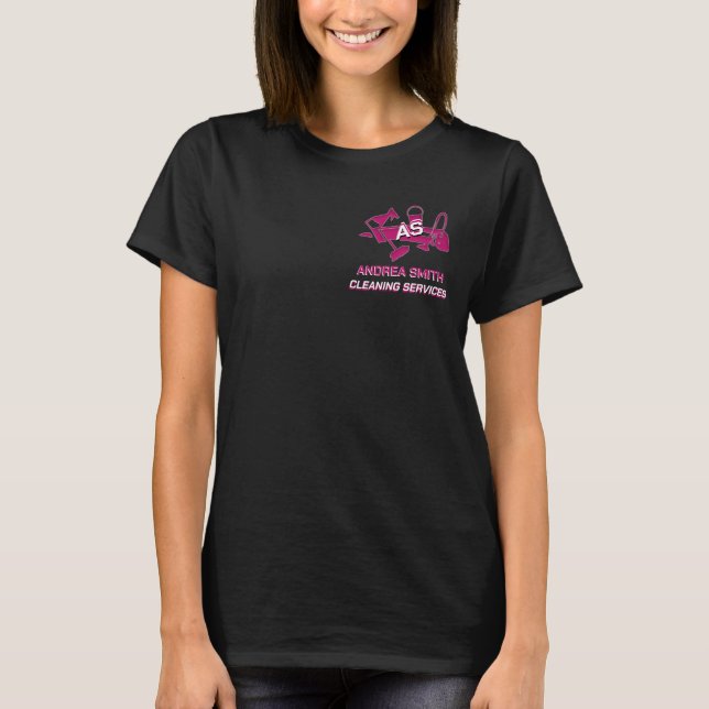 Pink Custom Logo Monogram Cleaning Services Black  T-Shirt (Front)