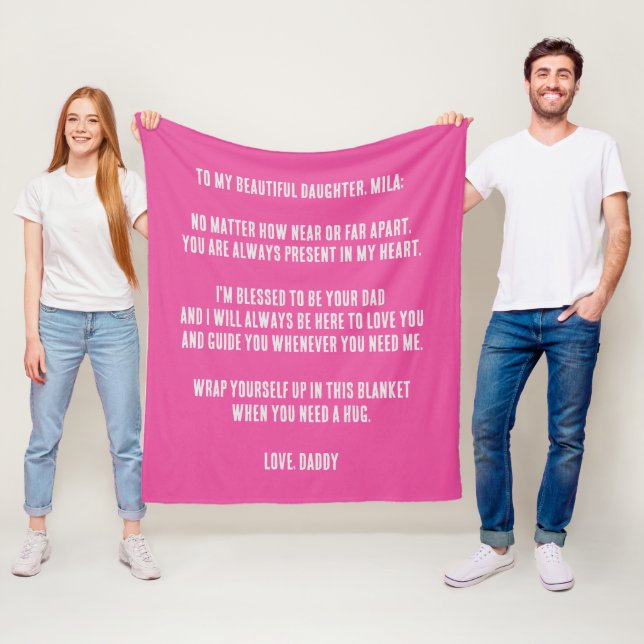 Pink Custom Message Deployed Dad to Daughter Fleece Blanket (In Situ)
