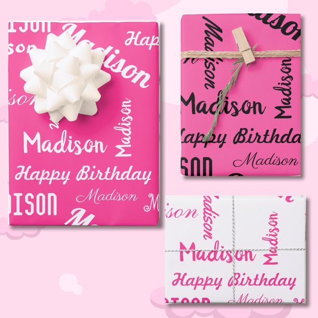PINK Custom NAME Happy Birthday Girl's Gift 3 Wrapping Paper Sheet (Creator Uploaded)