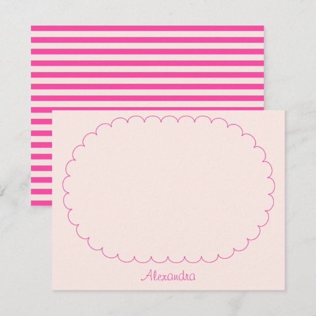 Pink Custom Name Script Stripes & Scalloped Frame Card (Front/Back)