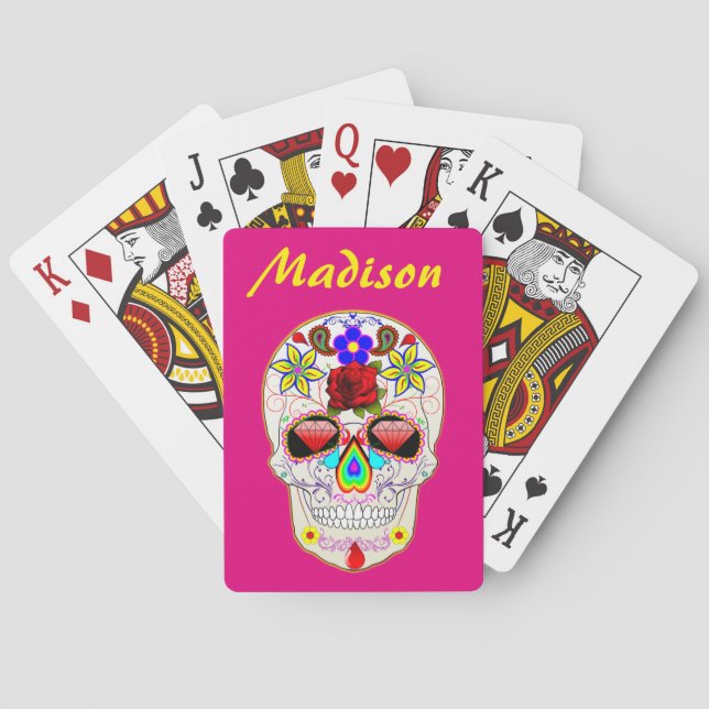 Pink Custom Name Sugar Skull Mexican Art Playing Cards (Back)