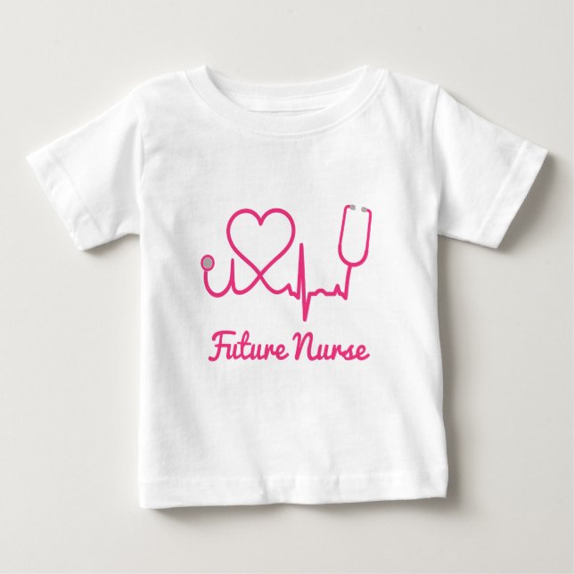 Pink Custom Nurse Name Stethoscope Heart Life Line Baby T-Shirt (Front)