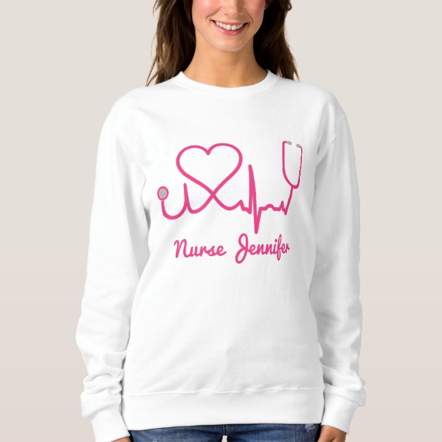 Pink Custom Nurse Name Stethoscope Heart Life Line Sweatshirt (Front)