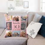 Pink custom photo collage birthday cushion<br><div class="desc">A unique gift for a 21st birthday,  celebrating her life with a collage of 8 of your own photos,  pictures.  Personalise and add her name,  age and date. A soft pink background colour,  grey text.   The name is written with a modern hand lettered style script.</div>