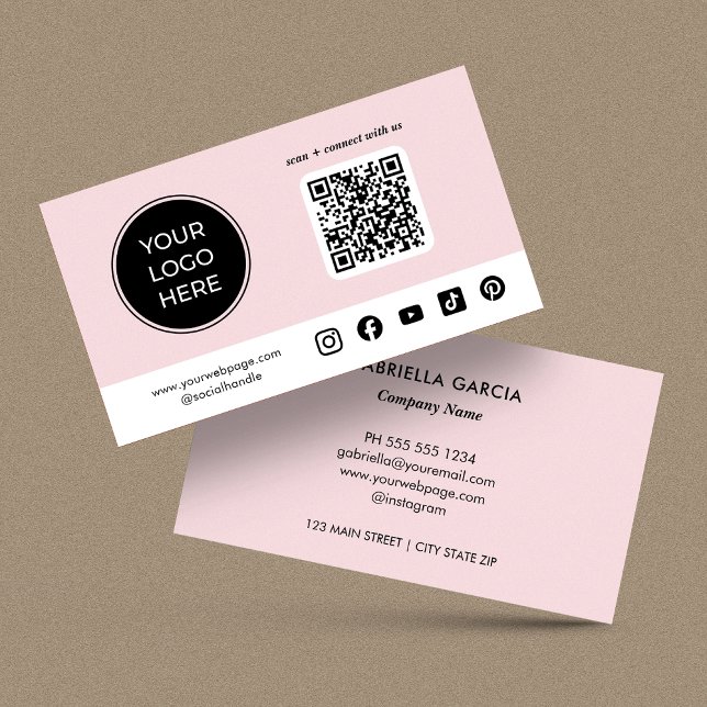 Pink Custom Social Media QR Code Logo Business Card (Card is shown in 3.5 x 2 inches with square corners. Personalize, choose size, paper style + corner.)