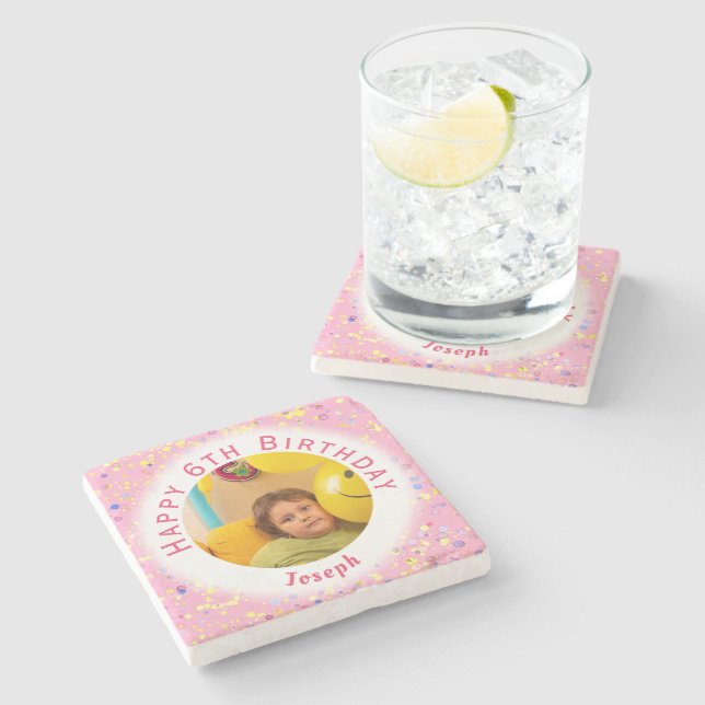 Pink Customisable Watercolor Confetti Birthday Stone Coaster (Side)