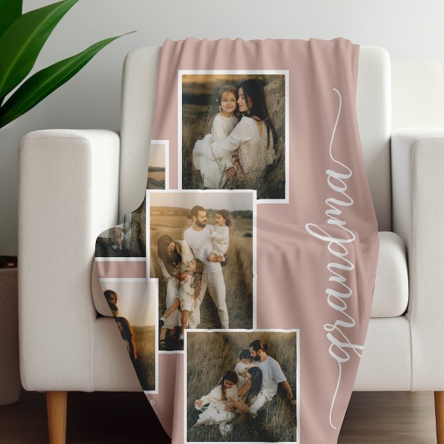 Pink Customised Grandma Grandkid 5 Photo Collage  Fleece Blanket (Creator Uploaded)