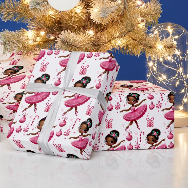 Pink Cute African American Ballerina Christmas Wrapping Paper (Holidays)