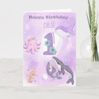 Pink Cute Animal 1st Birthday Card