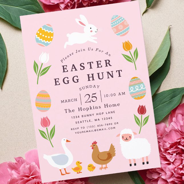 Pink Cute Animals Floral Easter Egg Hunt Invitation (Creator Uploaded)