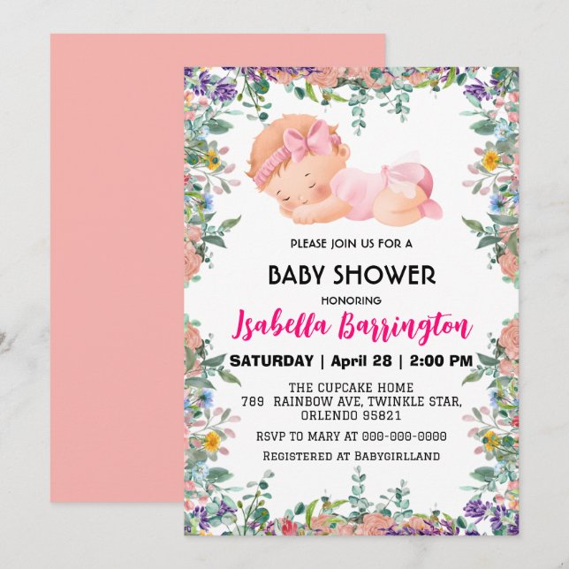 Pink Cute Baby Girl flowers baby shower kids Invitation (Front/Back)