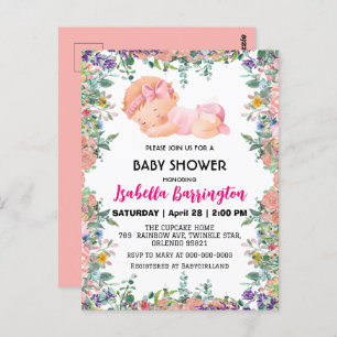 Pink Cute Baby Girl flowers baby shower kids Postcard