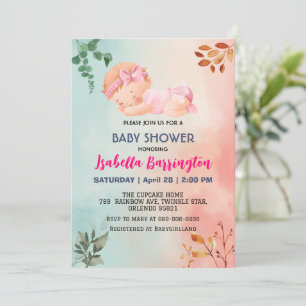 Pink Cute Baby Girl leaf flowers baby shower kids Invitation
