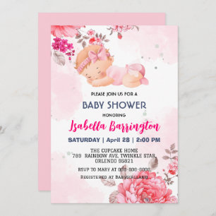 Pink Cute Baby Girl Rose flowers baby shower kid Invitation