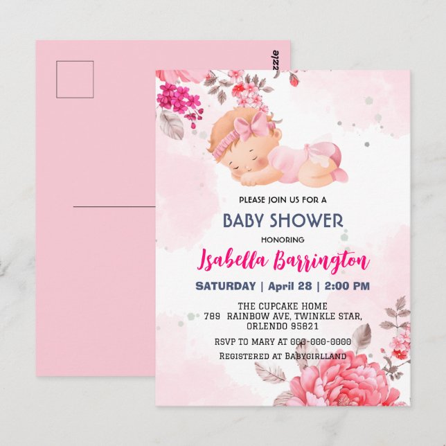 Pink Cute Baby Girl Rose flowers baby shower kid Postcard (Front/Back)