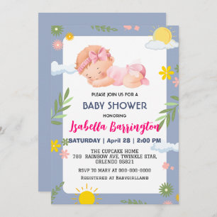 Pink Cute Baby Girl summer flowers baby shower kid Invitation