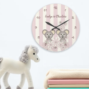 Pink Cute Baby Koala Girl Twin Nursery / Kids Room Large Clock