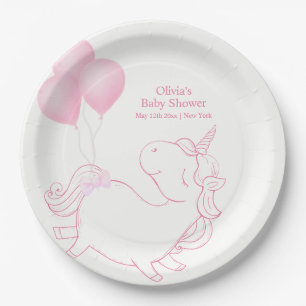 Pink Cute Balloon Unicorn Baby Shower Paper Plate