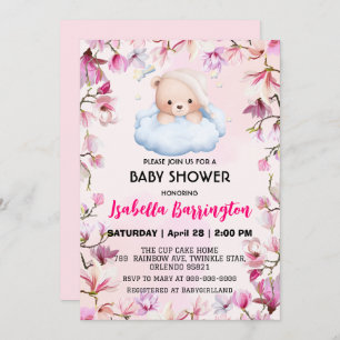 Pink Cute Bear pyjamas flowers baby shower kids Invitation