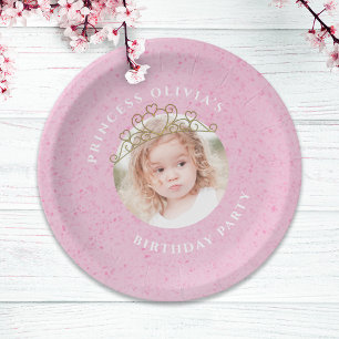 Pink Cute Birthday Photo Princess Tiara Simple Paper Plate