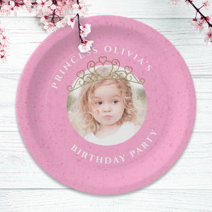 Pink Cute Birthday Photo Princess Tiara Simple Paper Plate