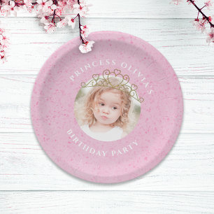 Pink Cute Birthday Photo Princess Tiara Simple Paper Plate