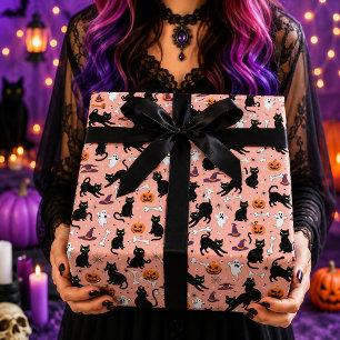 Pink Cute Black Cat Ghost Pumpkin Halloween Wrapping Paper