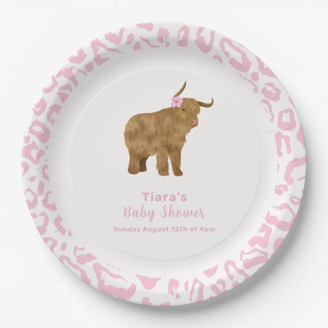 Pink Cute Boho Holy Cow Floral Girl Baby Shower  Paper Plate (Front)