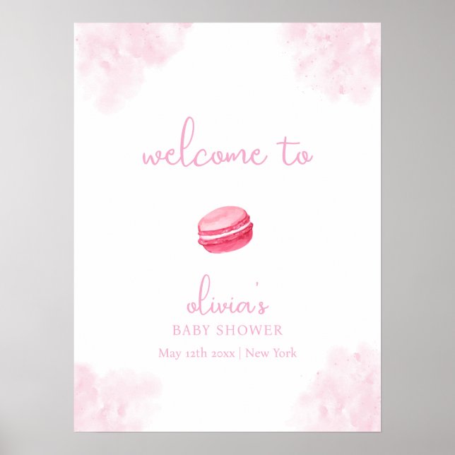 Pink Cute Bonjour Bébé Macaron Baby Shower Welcome Poster (Front)