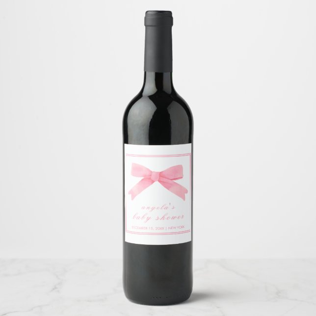 Pink Cute Bow Girl Baby Shower  Wine Label (Front)