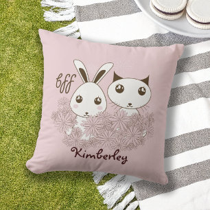 Pink Cute Bunny and Kitten Animal Friends Kids Outdoor Cushion