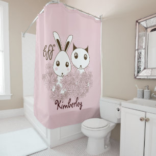 Pink Cute Bunny and Kitten Animal Friends Kids Shower Curtain