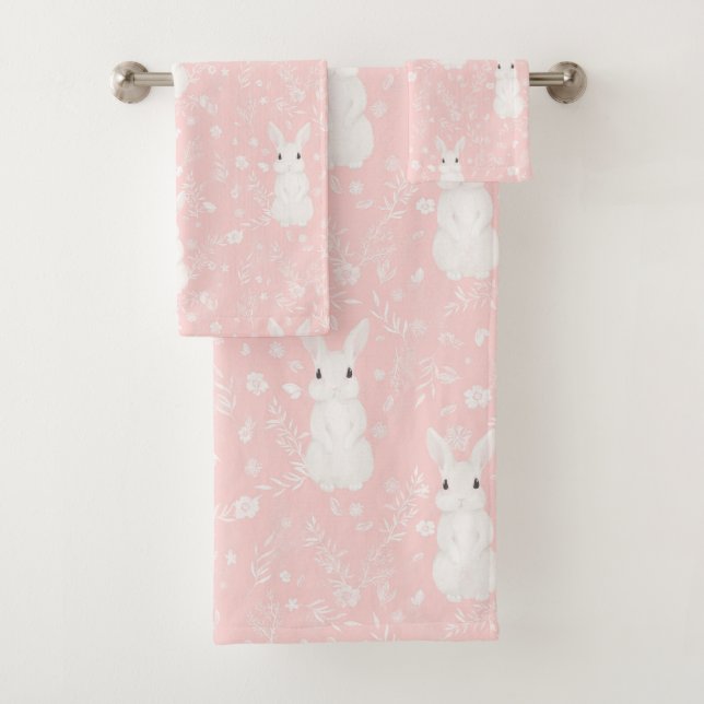 Pink cute bunny girl bath towel set (Insitu)