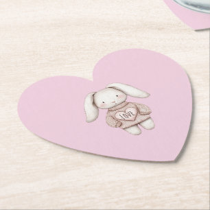 Pink Cute Bunny Pink Sweater Heart Baby Shower Paper Coaster