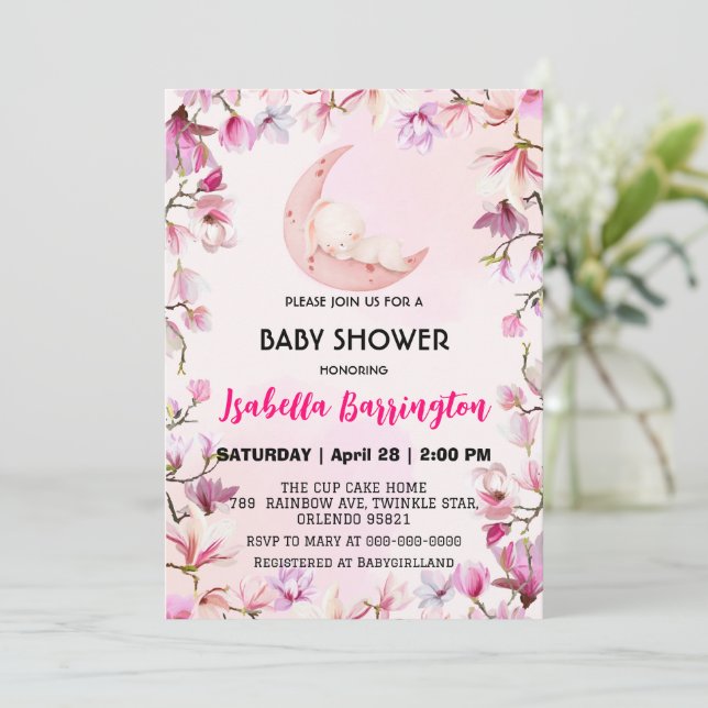 Pink Cute bunny sweet dream flower baby shower kid Invitation (Standing Front)