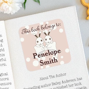Pink Cute Bunny This Book Belongs To Bookplate Square Sticker