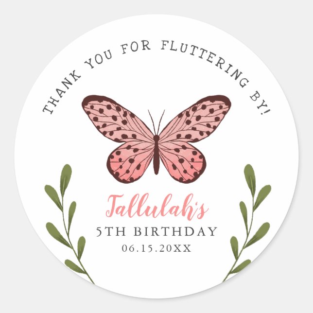 Pink Cute Butterfly Girls Birthday Party Thank You Classic Round Sticker (Front)