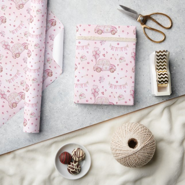 Pink Cute Car Valentine's Day Wrapping Paper (Crafts)